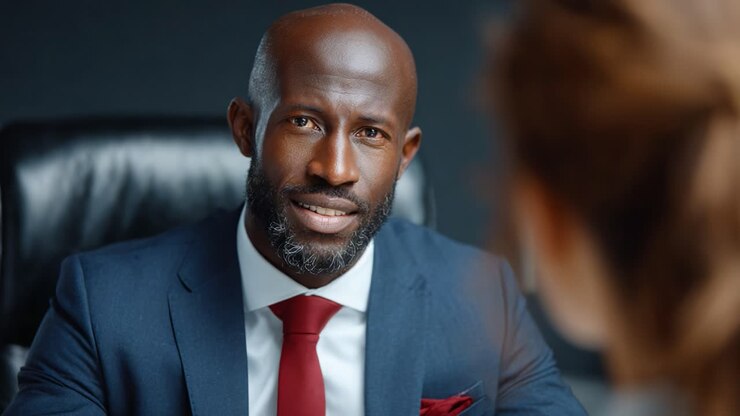 Professional Male Executive Engaging in a Serious Discussion with a Female Colleague in an Office Setting, Highlighting Leadership and Communication Skills