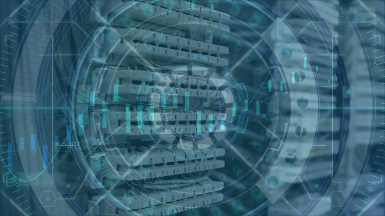 컴퓨터 서버를 통해 범위 스캐닝과 금융 데이터 처리의 애니메이션