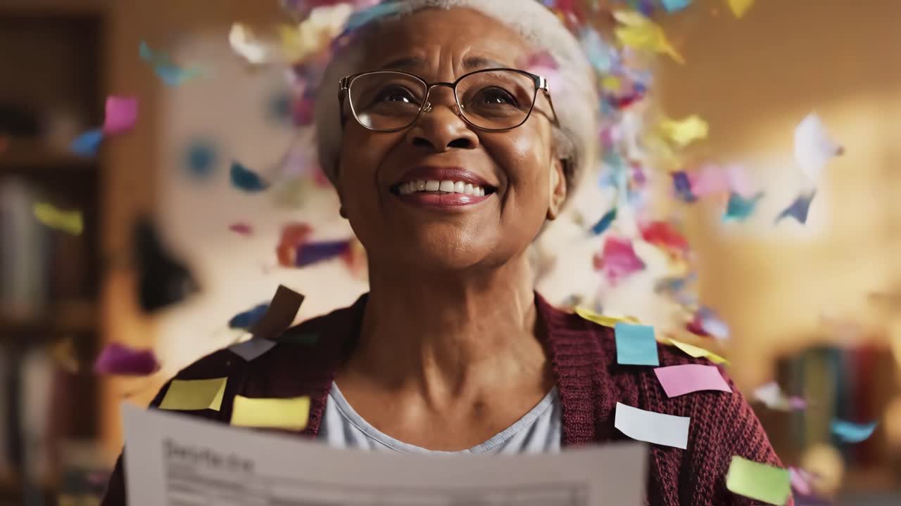 Elderly woman celebrates with confetti