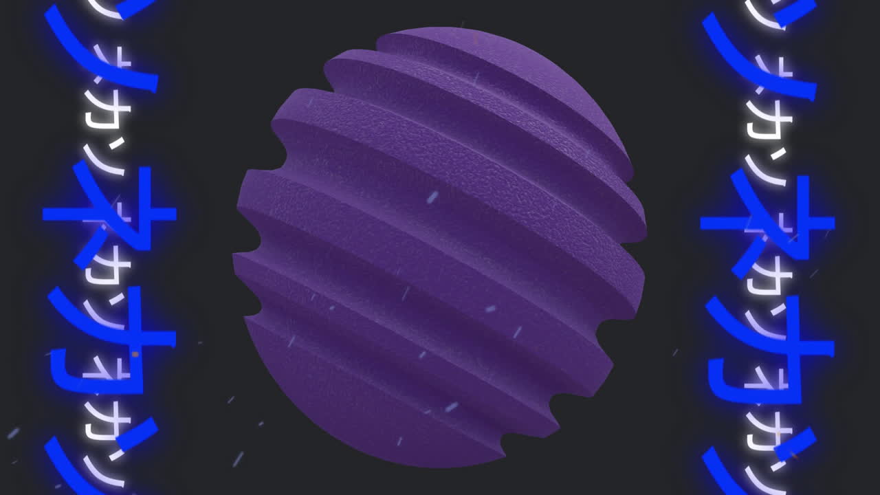 Animation of purple globe and chinese symbols on black background