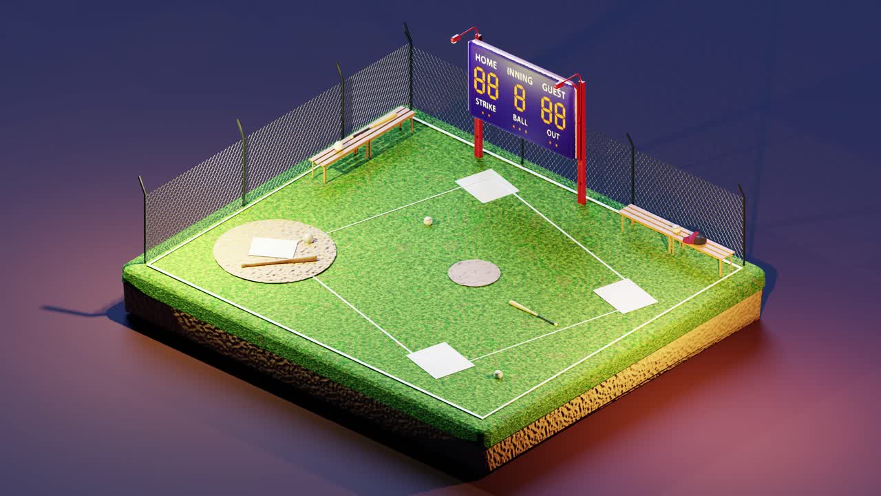 3D isometric animation of baseball court with scoreboard