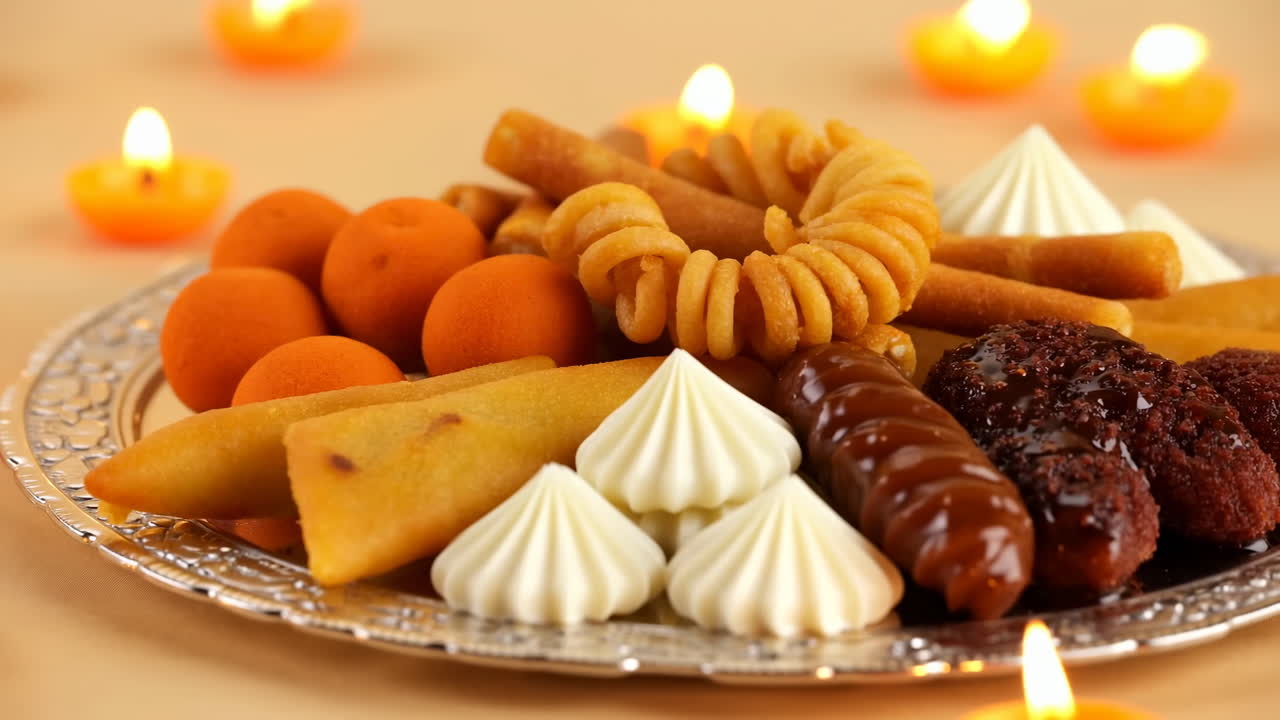 Mumlarla Süslenmiş Geleneksel Hint Tatlıları ve Atıştırmalıkları İçeren Şenlik Tabağı