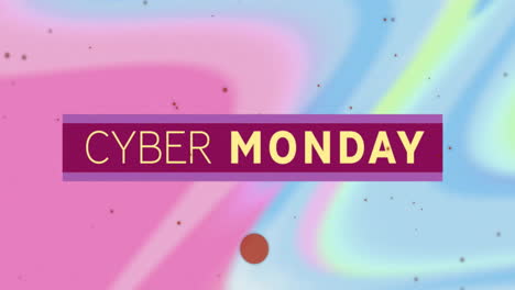 animation of cyber monday text over red spots on colourful background