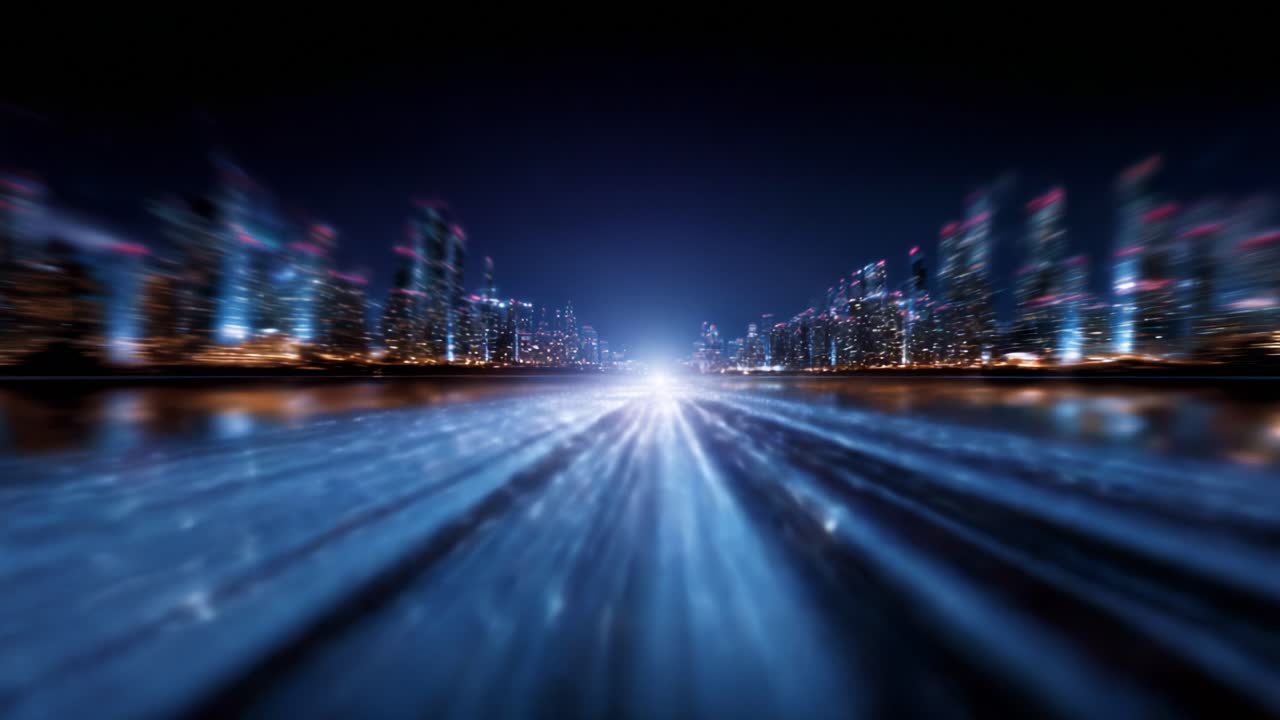 Splendido paesaggio urbano notturno con scie luminose dinamiche e riflessi vibranti dello skyline sull'acqua, che creano un senso di velocità e modernità