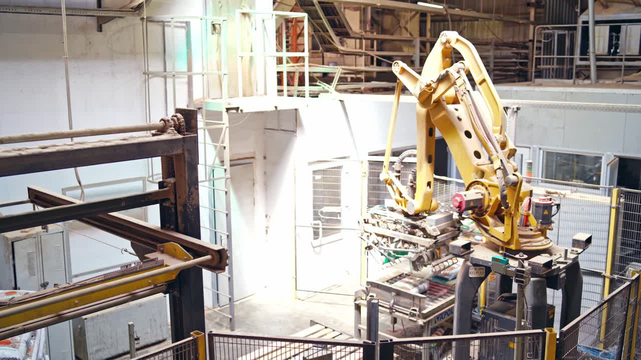 Industrial robot arm at a modern factory. Manufacturing production. Advanced robotic machine loading packed bags. Innovative technologies indoors.