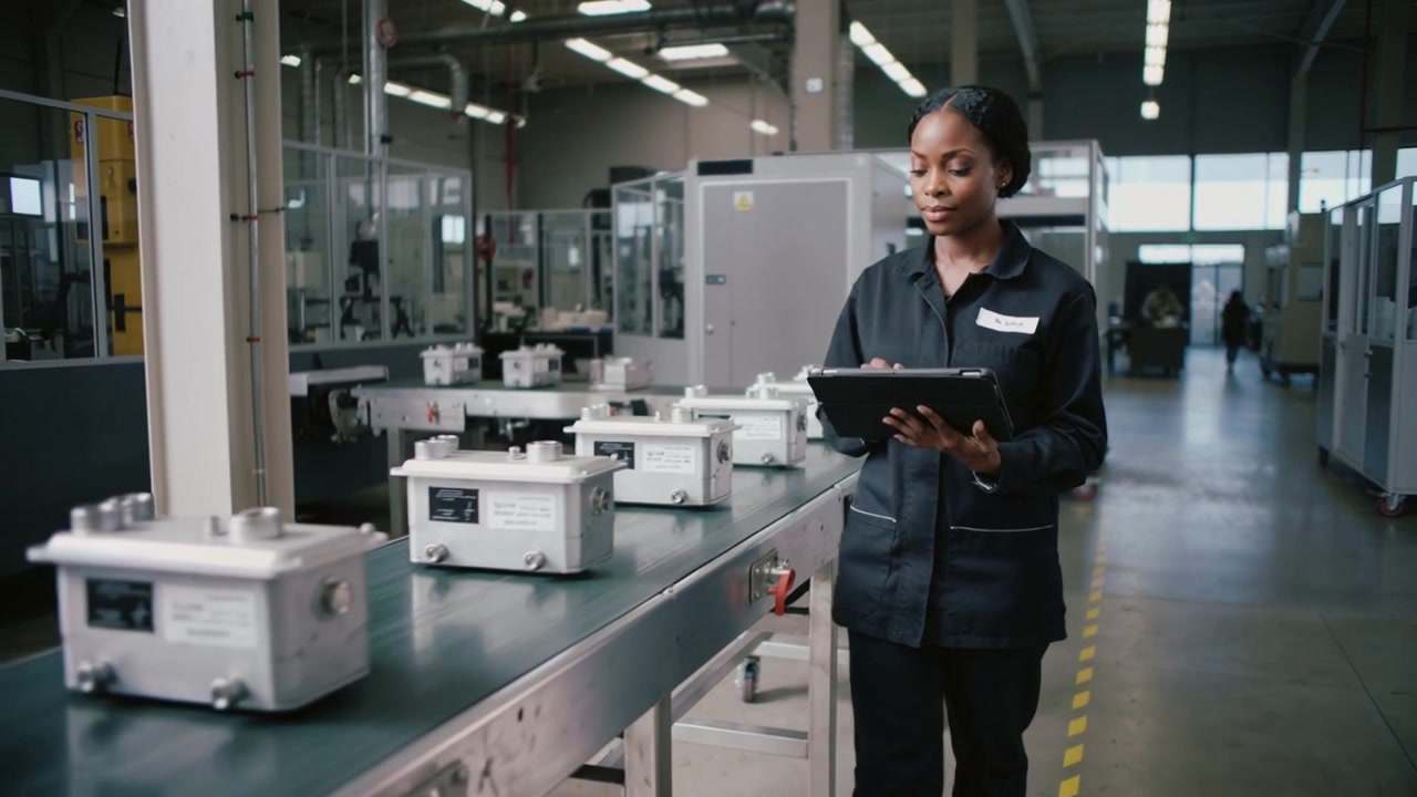 Walking tech in coat checking boxes on conveyor, using tablet in plant, copy space