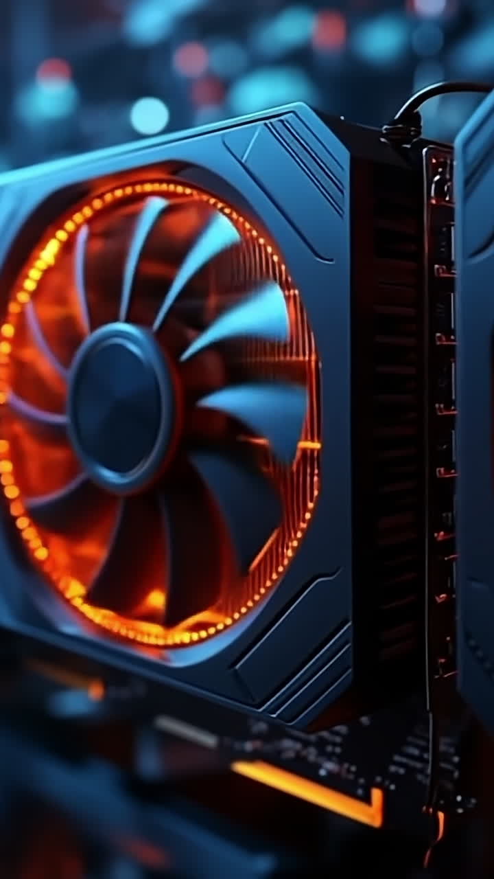 Bright lights, high-performance GPUs. A close-up view of multiple high-performance graphics cards showcasing glowing fans in a vibrant gaming setup.