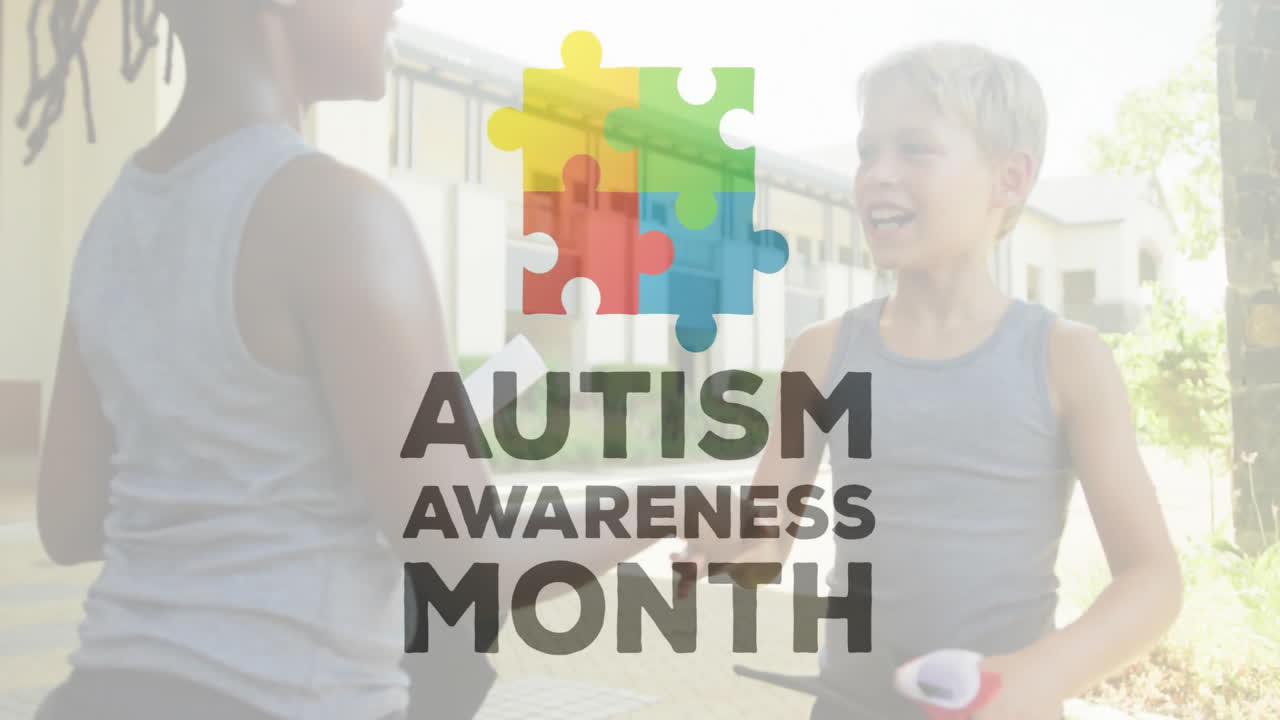 Animation of autism awareness month text over diverse children shaking hands