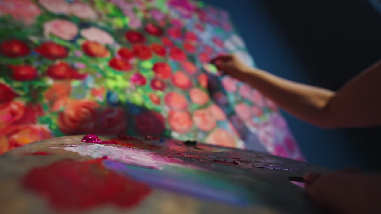 Artist's Hand Mixing Paint on Palette for Floral Painting