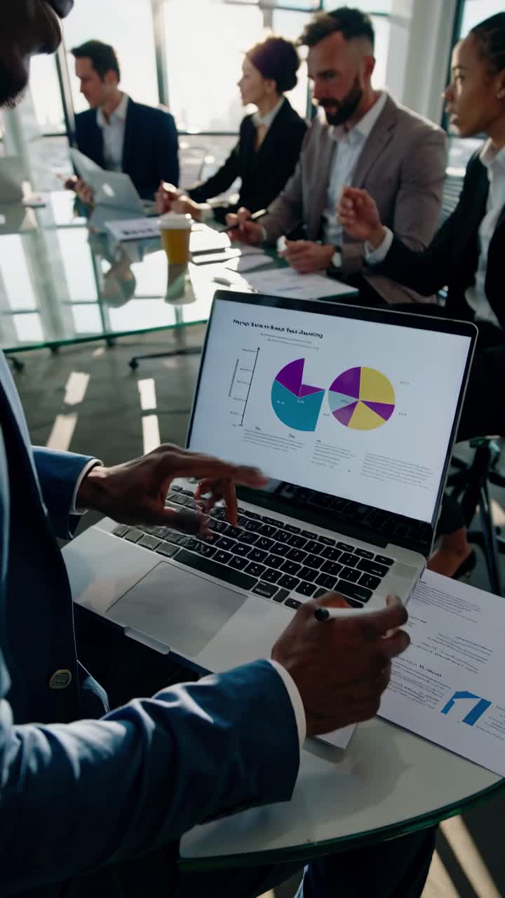 Ripresa video dall'alto di una riunione di lavoro, con focus su un laptop che mostra grafici