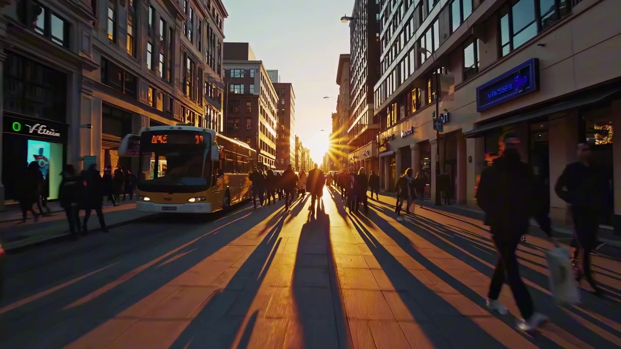 Via cittadina affollata al tramonto con pedoni e traffico