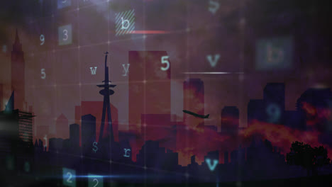 Animation-of-cyber-attack-warning-over-cityscape-on-red-background