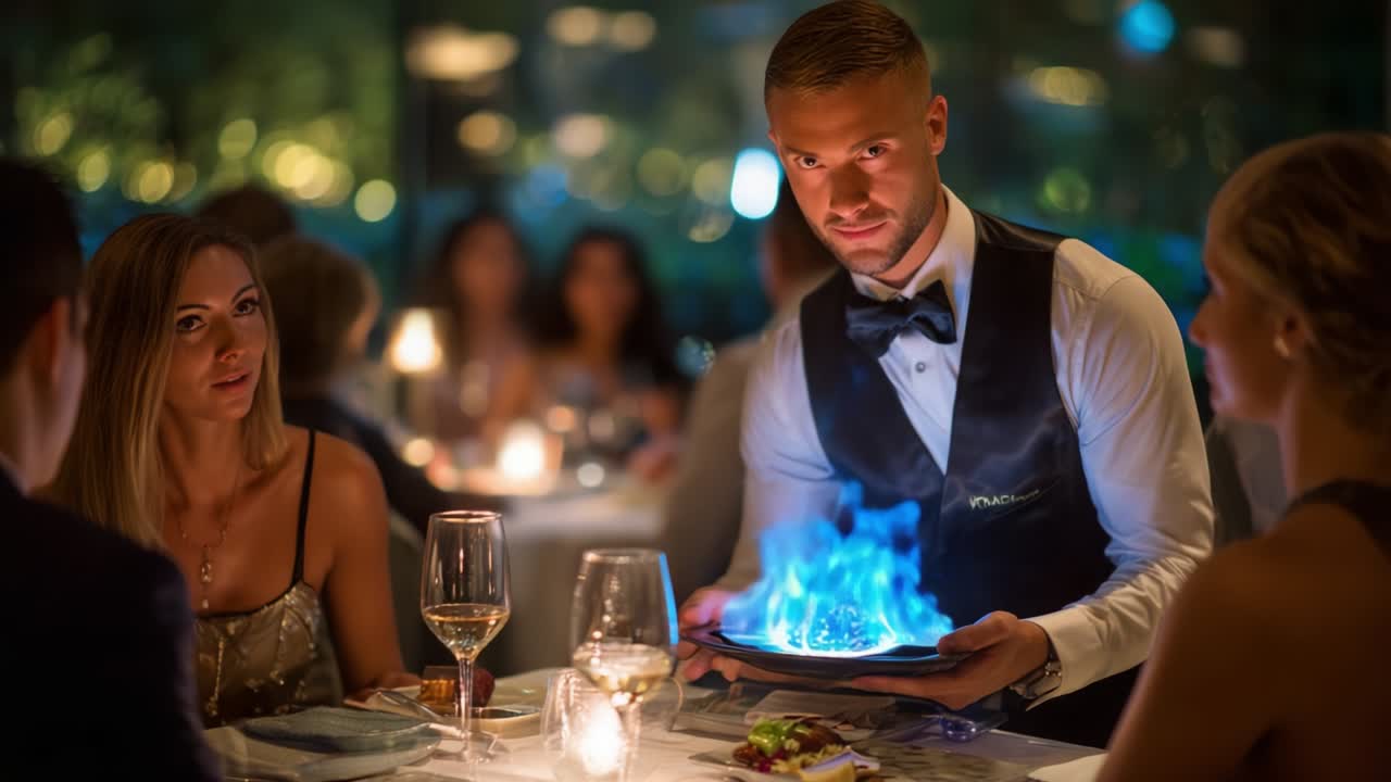 An Enchanting Dining Experience: A Waiter Presents a Dazzling Flaming Dish in an Elegant Restaurant Surrounded by Captivated Diners, Creating an Unforgettable Culinary Moment Full of Mystery and Excitement