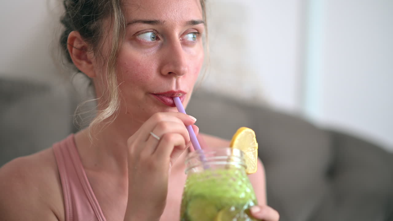Primo piano di una donna che beve un succo verde mentre è seduta su un divano