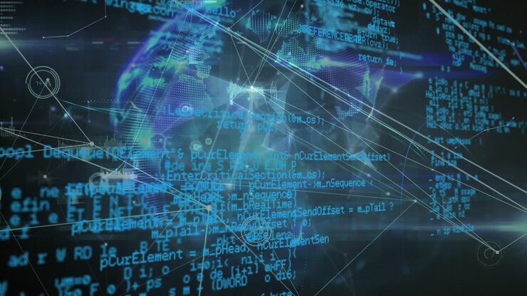 Animation of globe, data processing on screens and network of connections