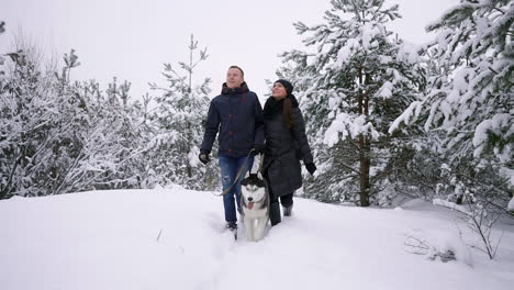 Stilvolles-Junges-Paar,-Das-Sich-An-Einem-Hellen-Tag-Im-Winterpark-In-Der-Nähe-Des-Sees-Mit-Seinem-Freund-Husky-Vergnügt,-Sich-Umarmt-Und-Lächelt