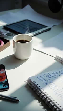 a productive desk setup with coffee, notebook, and digital devices