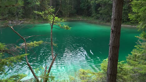 Color-Esmeralda-Del-Hermoso-Lago-Eibsee-En-Baviera,-Con-Agua-Turquesa,-Muy-Cerca-De-La-Montaña-Zugspitze