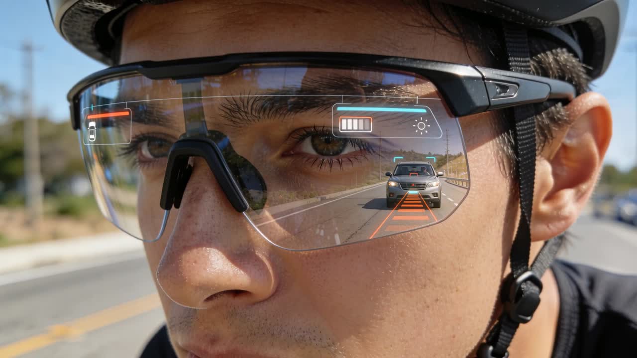 Cyclist wearing helmet and AR glasses keeping gaze forward on suburban road, HUD detecting rear car