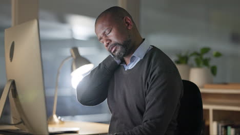 Black-man,-computer-at-night-and-neck-pain