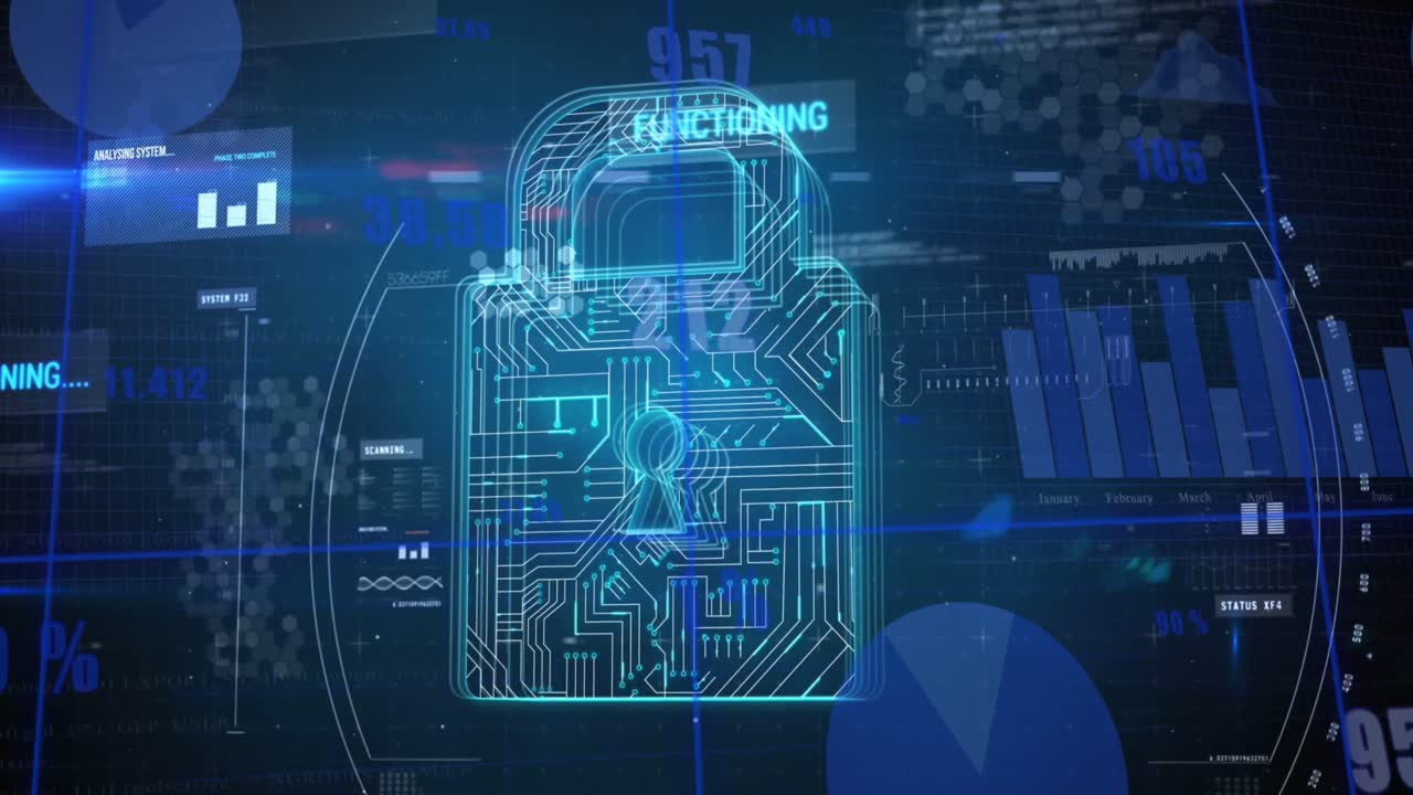 Animation of scope scanning over security padlock icon and statistical data processing
