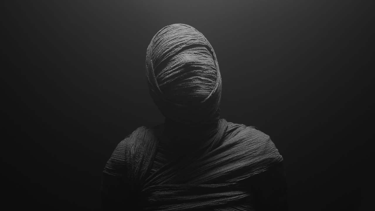 A mummy of a woman on a dark backdrop turns her head