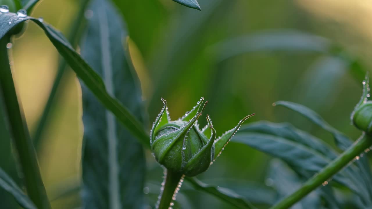 Close-up video of a dewy flower bud at dawn, captured from a low angle