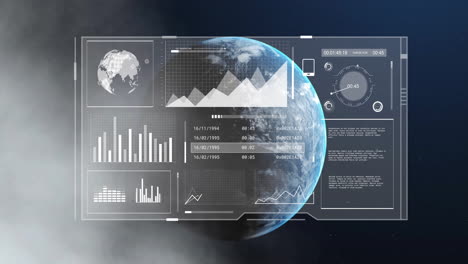 animation of digital data processing over globe on dark background