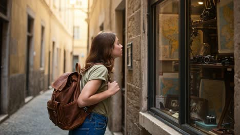 exploring the charm of a quaint alley: a young woman's fascination with antique treasures displayed in a boutique window