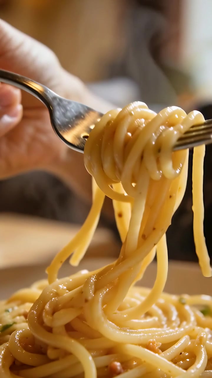 Video verticale: Uomo con camicia a maniche lunghe che infilza la pasta con la forchetta, arrotolando gli spaghetti per mangiare al tavolo.