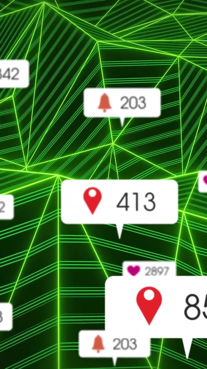 Video verticale: 524 pin che appaiono, scoppiano, si impilano e svaniscono su una rete verde neon che mostra attività