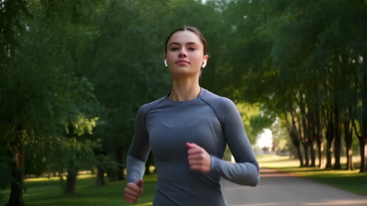 A young woman running outdoors in a park