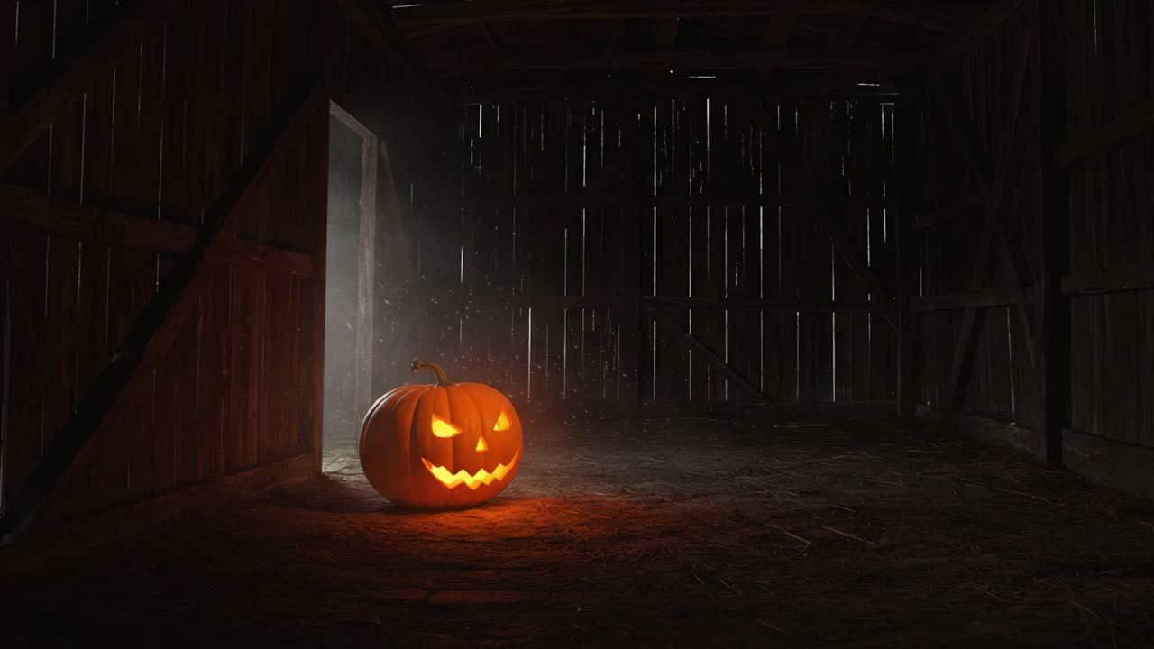 A Spooky Halloween Scene Featuring a Grinning Jack-o'-Lantern in a Darkened Barn, Illuminated by the Soft Glow of Its Candlelight Setting the Eerie Atmosphere