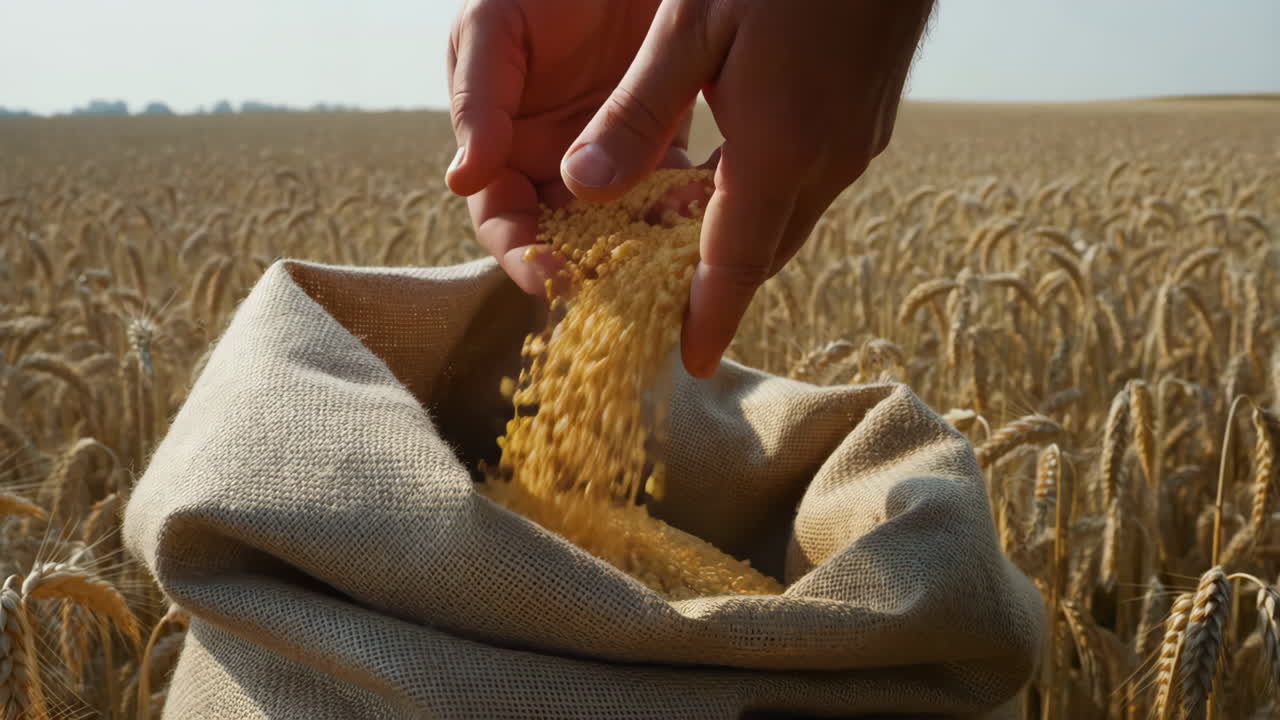 Hands pouring golden grain into a burlap sack in a sunlit field