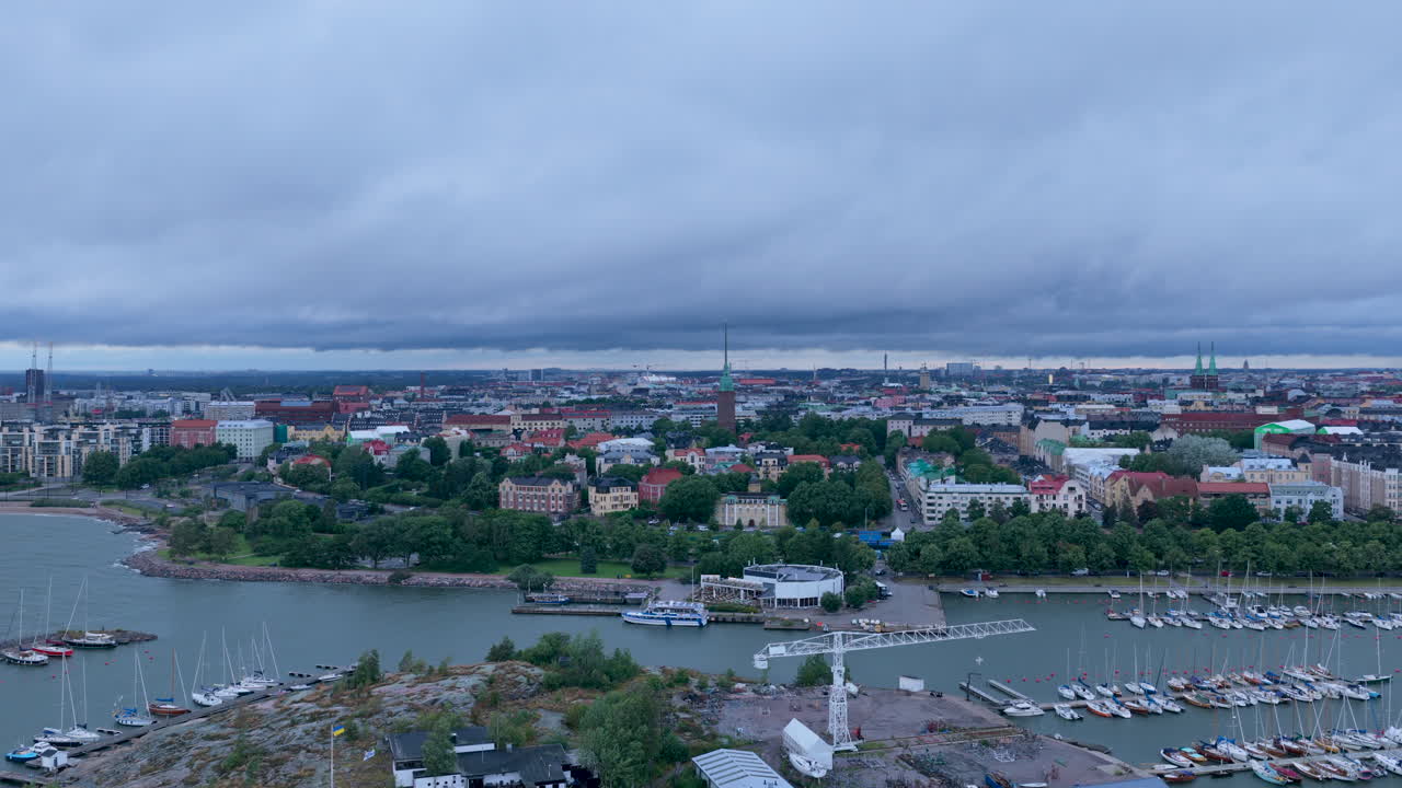 Aerial view of a gloomy, windy evening at Eira and Sirpalesaari, in Helsinki