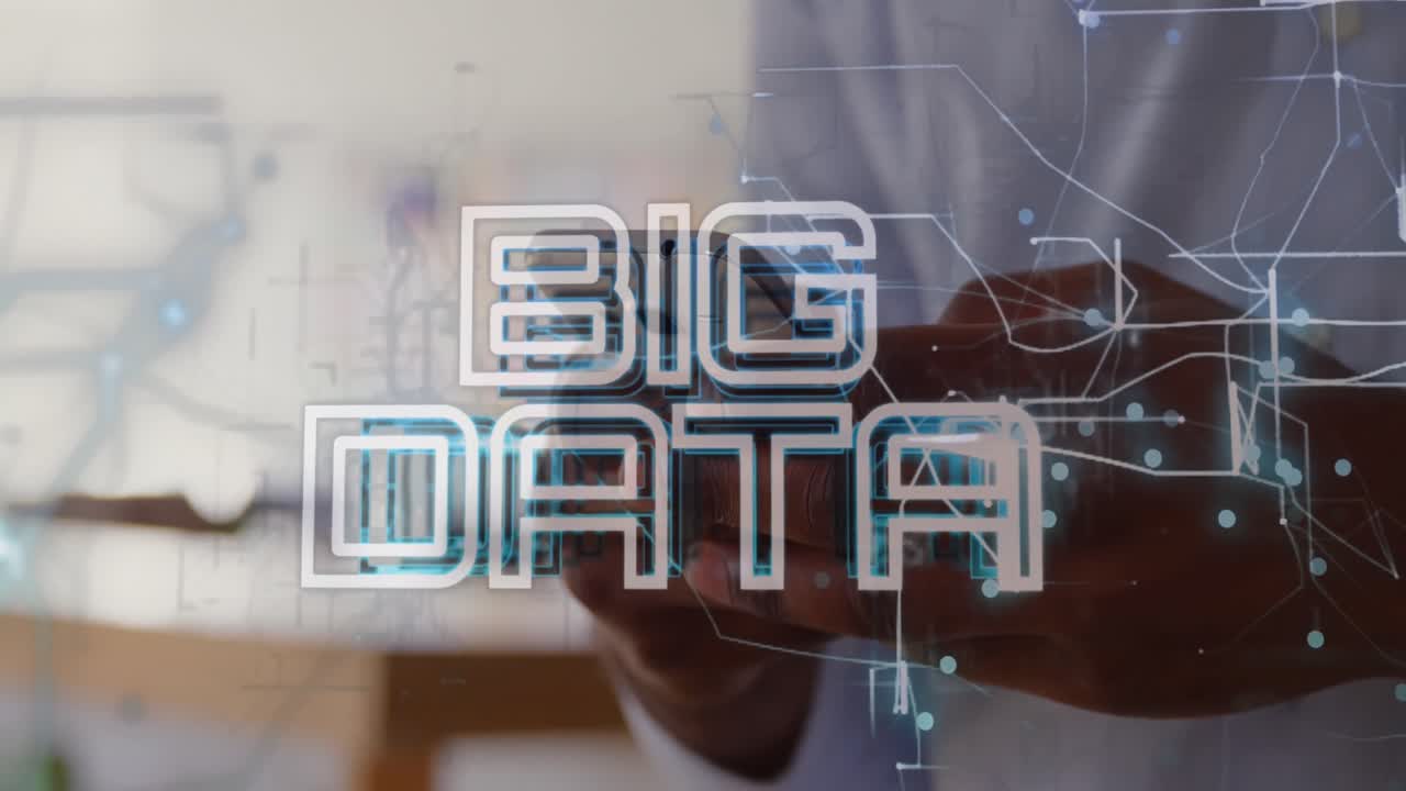 Animation of big data text banner against mid section of african american man using smartphone