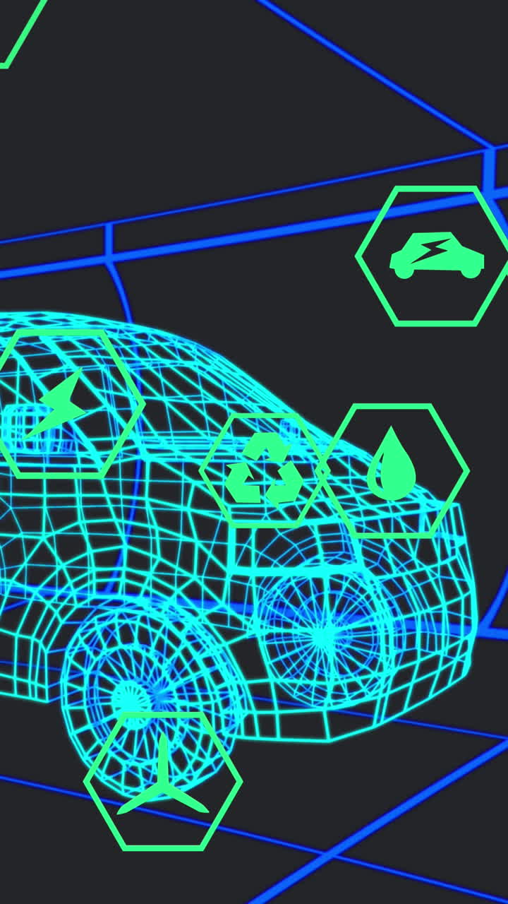 animación de iconos que procesan datos de estado sobre un modelo de furgoneta 3d que se mueve sobre un fondo negro