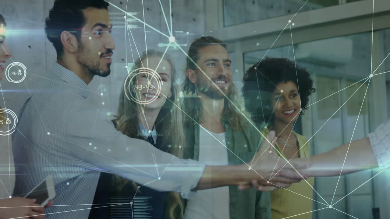 Shaking hands, diverse business people with network connections animation over them