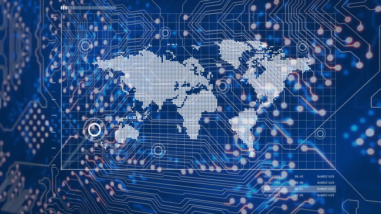 World map showing animation with digital circuit patterns and data points overlay