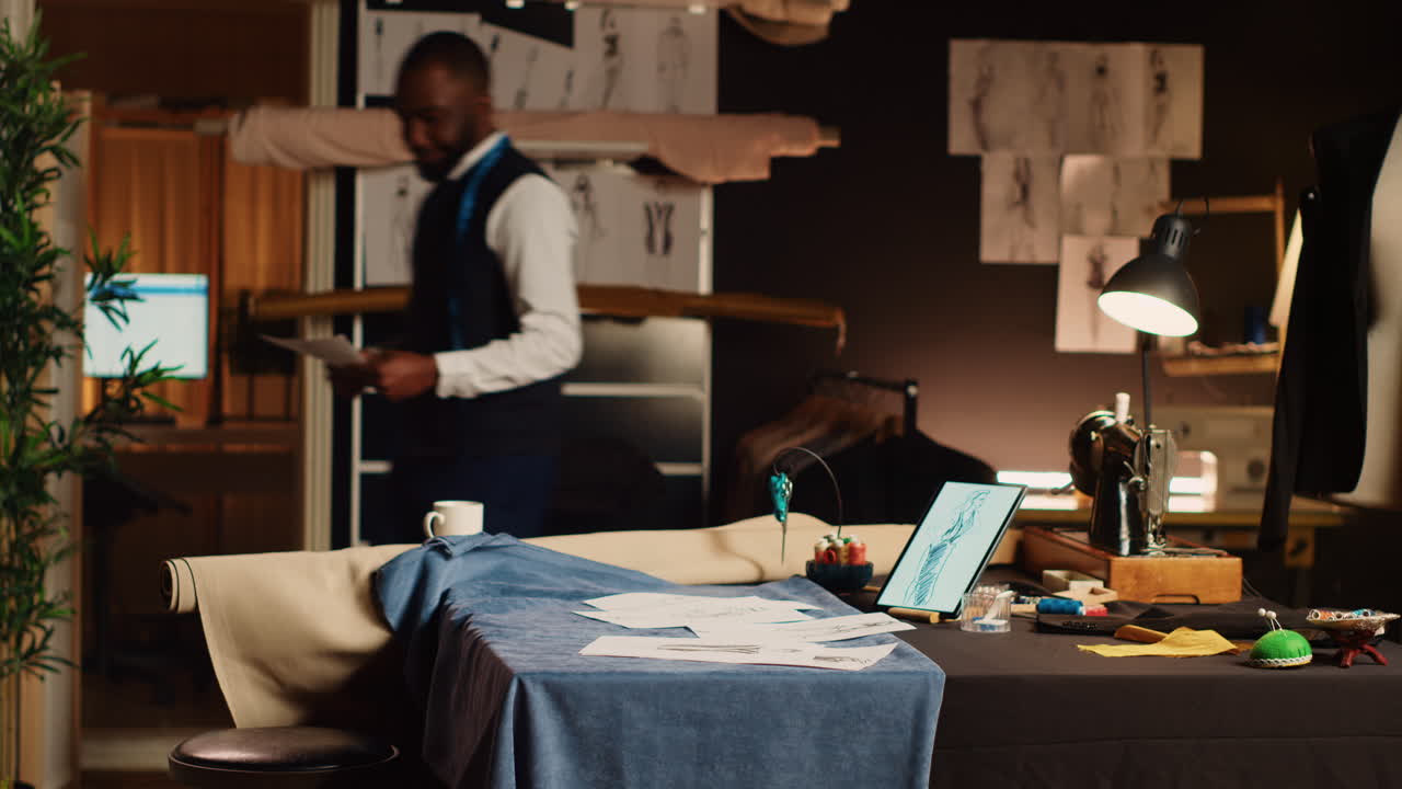 artesano comprobando bocetos en la computadora portátil