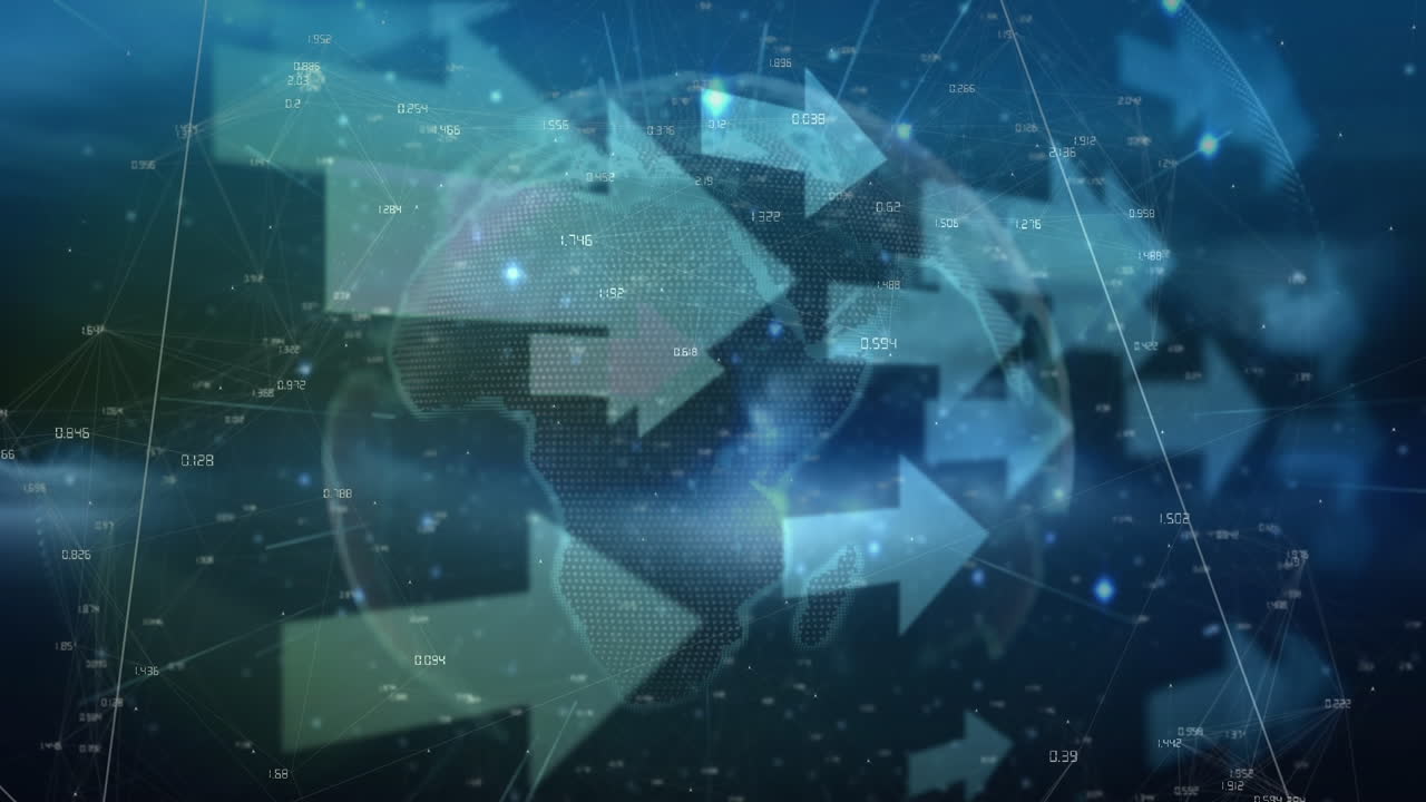 해군 공간에서 회전하는 화살표, 숫자 및 지구의 애니메이션