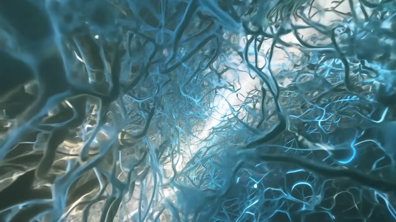 la cámara se desliza a través de venas brillantes, mostrando luz pulsante y detalles intrincados del sistema cardiovascular