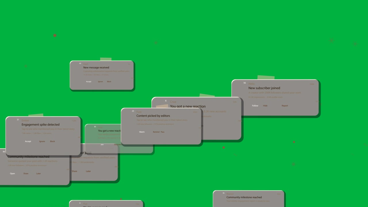 Alert cards rising from below stacking drifting exiting top on transparent background showing flow