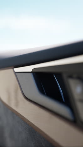 closeup of a car door handle with wood trim