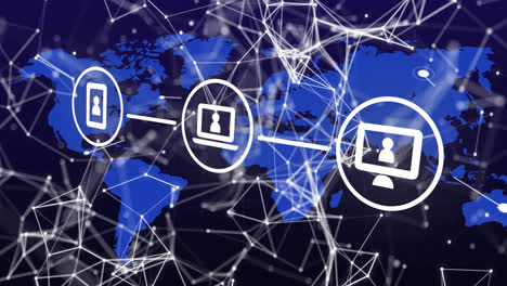 iconos digitales sobre la red de conexiones flotando contra el mapa del mundo en fondo azul