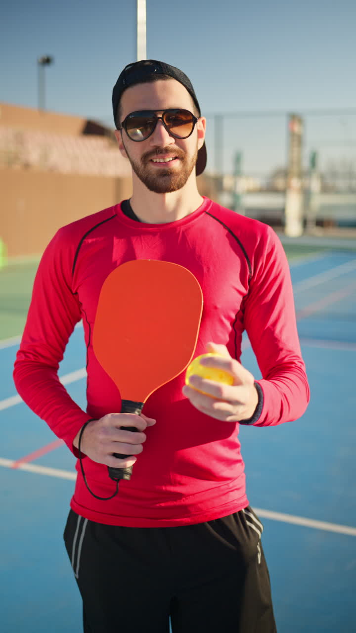A man in a red shirt holding a red pickleball racket and a yellow ball on a blue court on a sunny day. Vertical