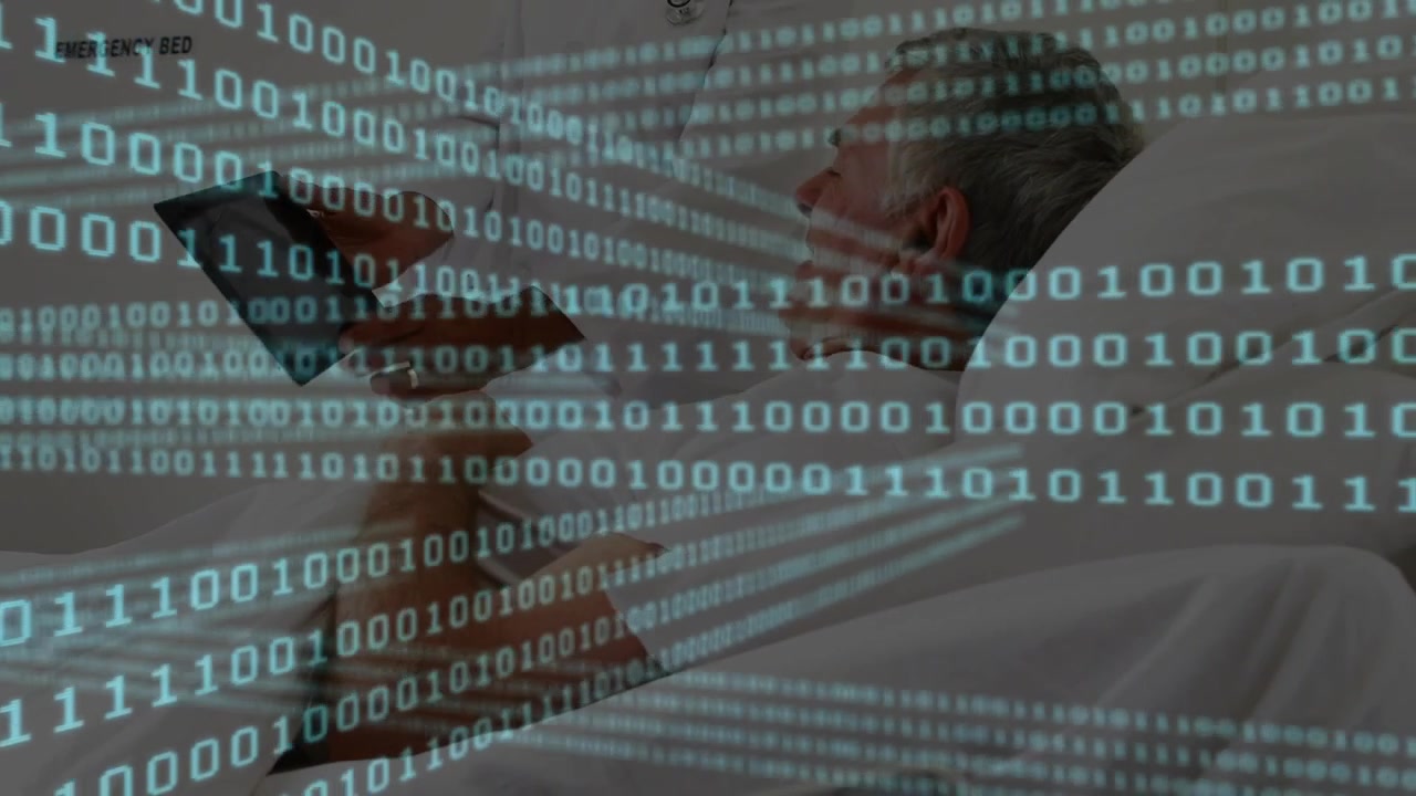 Senior Patient Using Tablet in Hospital Bed with Digital Data Overlay