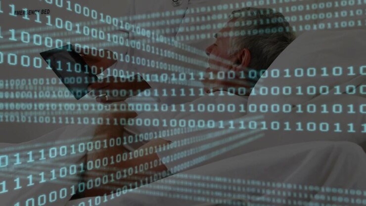 Senior Patient Using Tablet in Hospital Bed with Digital Data Overlay