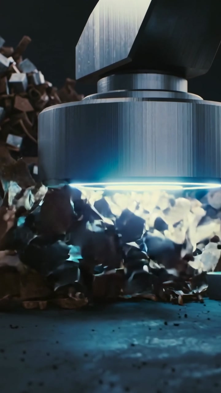 Vertical video: Pulsing blue ring, metal head pulling metal cubes from scrap for sorting in studio