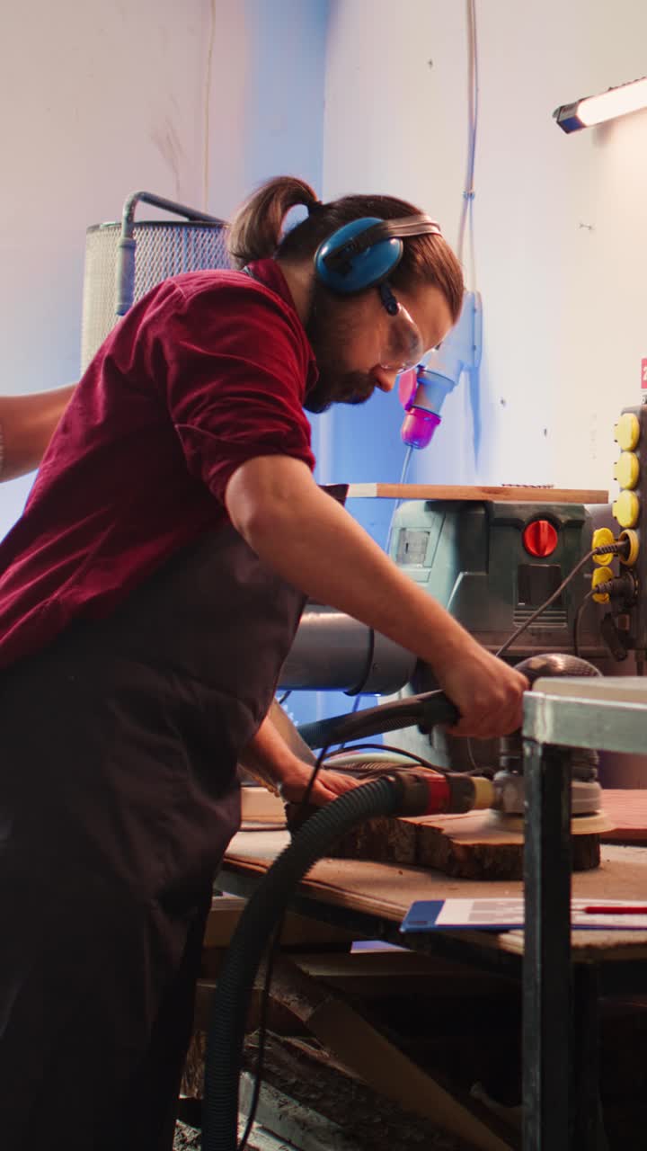 Carpintero concentrado lijando madera en un taller con equipo de seguridad